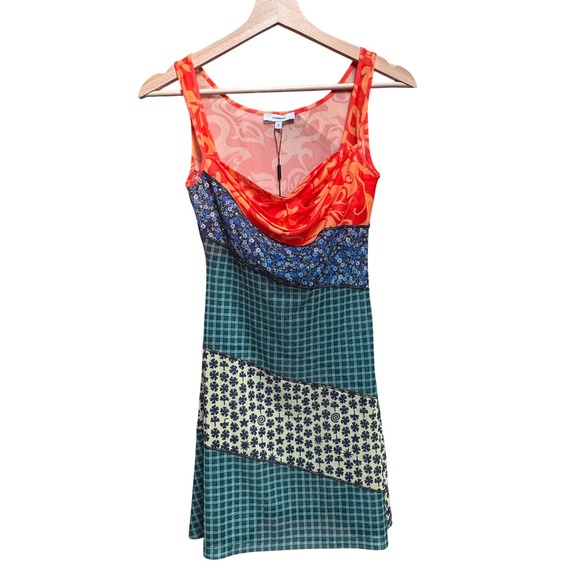 NWT Miaou Ginger Mini Dress S Sweet Legend Mixed Print Mesh Semi Sheer Cowl Neck - Picture 2 of 8